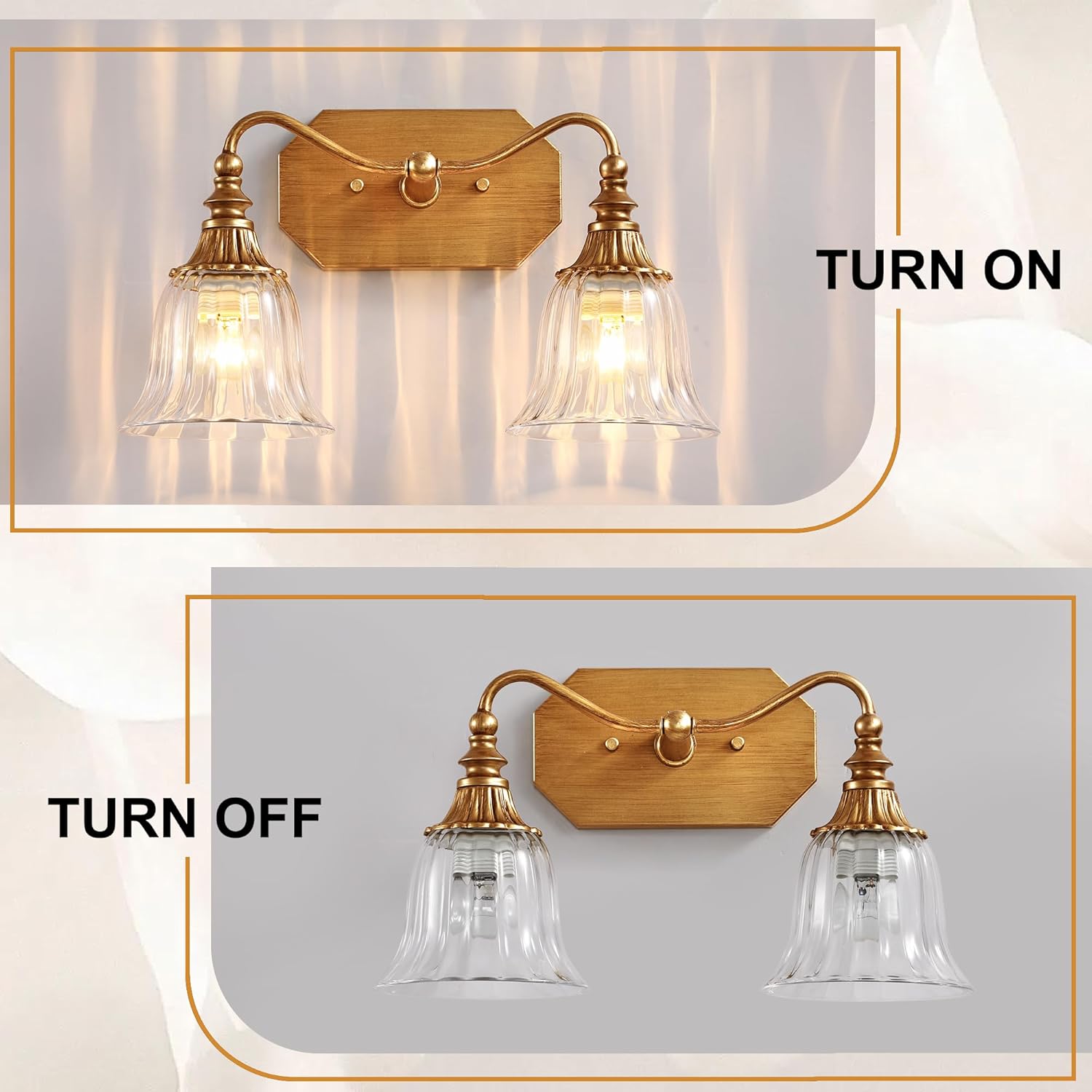 LmnLvn Bathroom Vanity Gold Light Fixture, 2 Lights Bathroom Lighting Matte Antique Brass Finish with Crystal Glass Shade, Gold Vintage Vanity Light for Bathrooms