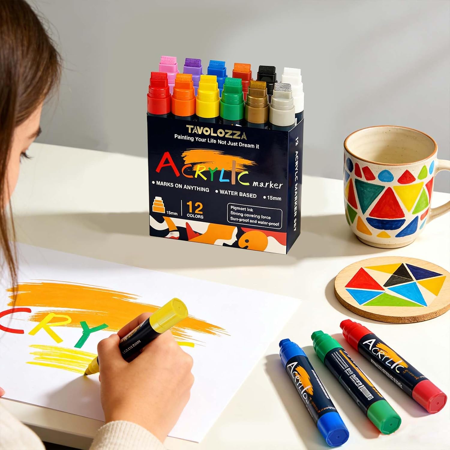 Jumbo Markers 12 Colors, Graffiti Markers-Include Gold Silver, 15MM Felt Tip Acrylic Paint Marker, Thick Jumbo Marker for Posters Board, Fabric, Canvas, Window, Wood, Teachers, Banner, Glass image 4