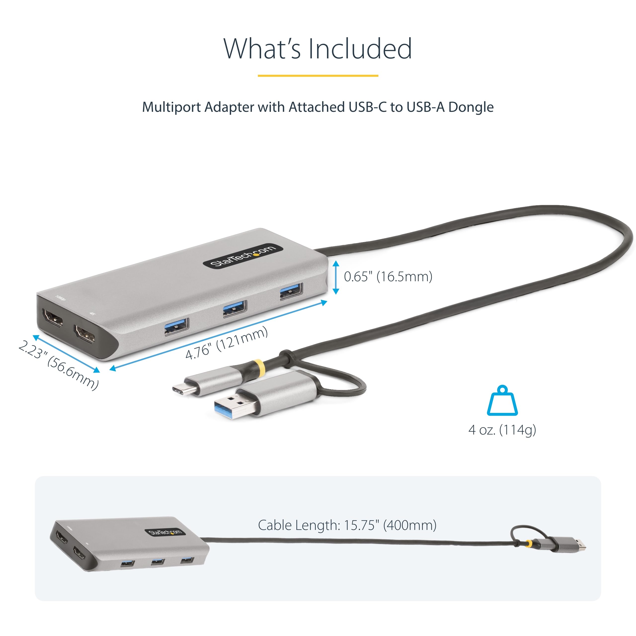 StarTech.com StarTech.com adapter wieloportowy USB-C, podwójny HDMI (4K30Hz/1080p60Hz), koncentrator USB-A, mini stacja dokująca
