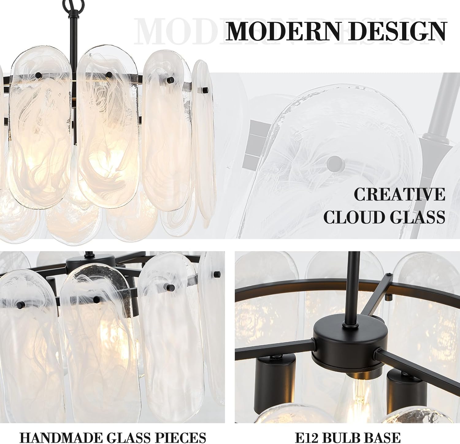 Black Glass Chandelier 18.3’’ Modern Chandelier for Dining Room 3-Light Foyer Light Fixture Drum Flush Mount Pendant Lighting for Bedroom Entryway Living Room Kitchen Island