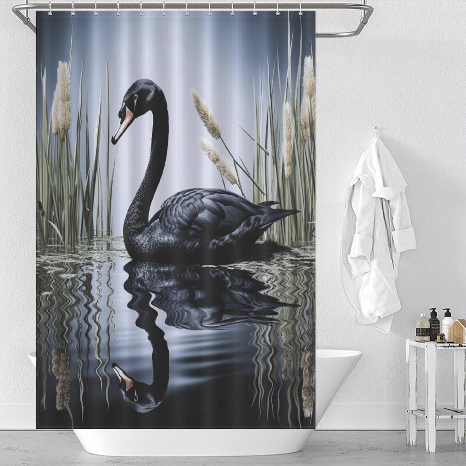 Rideau de douche cygne en polyester imperméable 122x183cm avec crochets