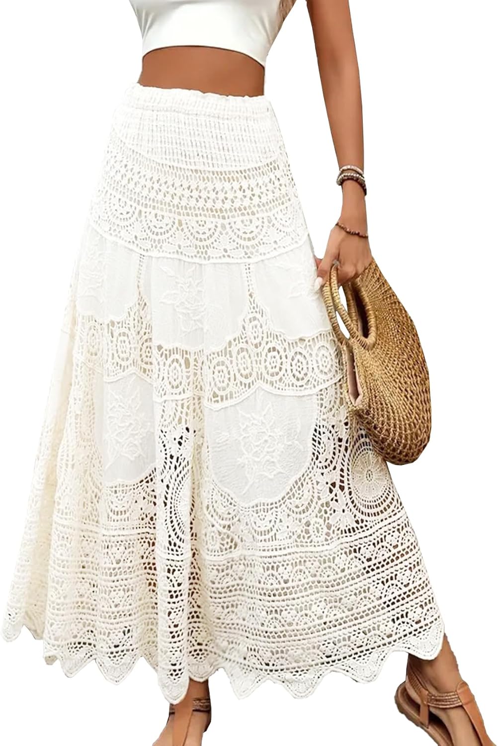 Women's Crochet Skirt High Waist Maxi Stretchy Boho Hollow Out Flowy Lace Skirts
