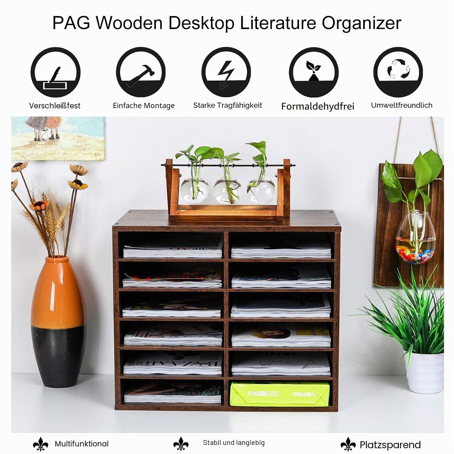 PAG 12 Fächer Verstellbarer Dokumentenablage aus Holz,Holz-Literatur-Stehsammler,Aktensortierer Briefablage A4 Zeitschriftenständer,für Büro/Zuhause/Schule,Retro-Braun