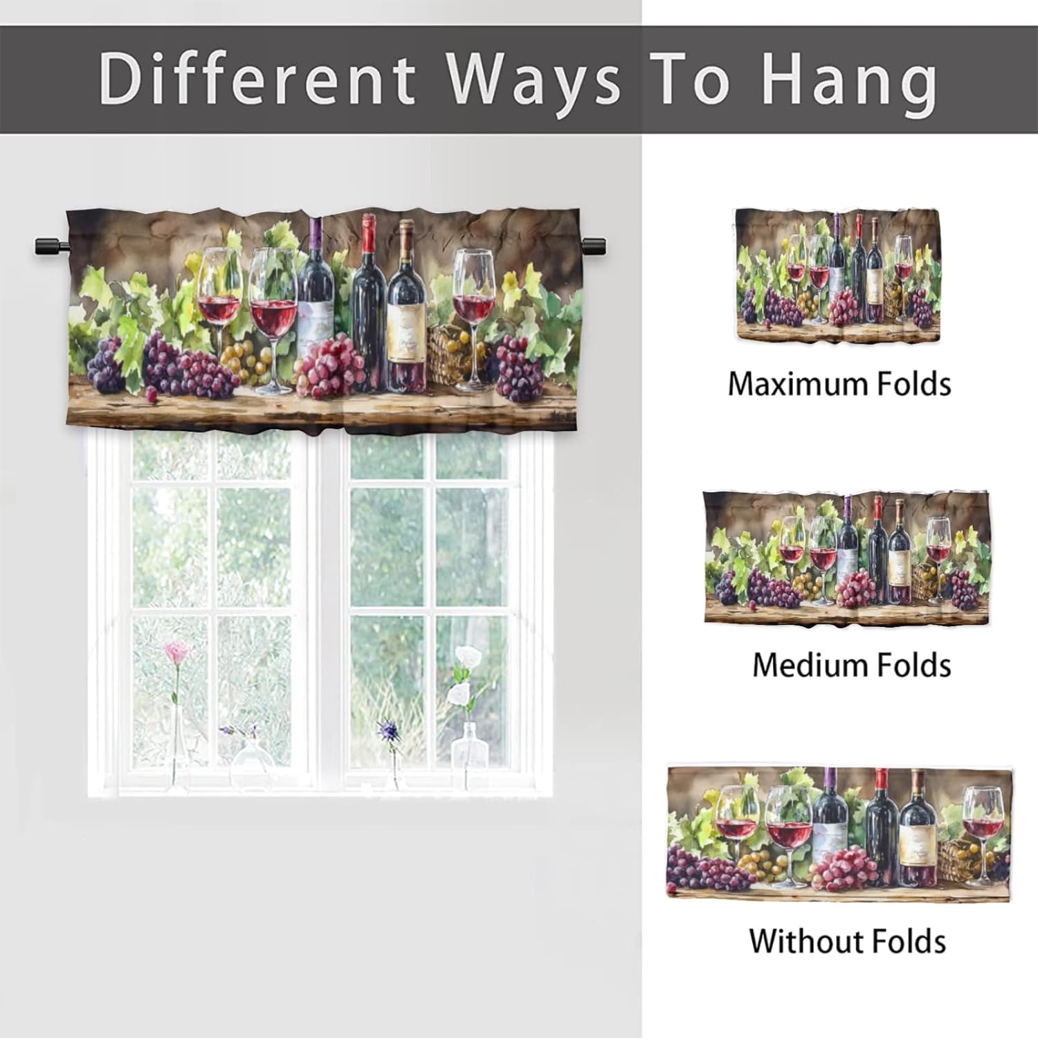 Rustic Red Wine, Kitchen Curtains and Valances Vintage Farmhouse Grape Glass Leaves Fruit Valance for Office Bedroom Window 54x18inch(2Pcs)