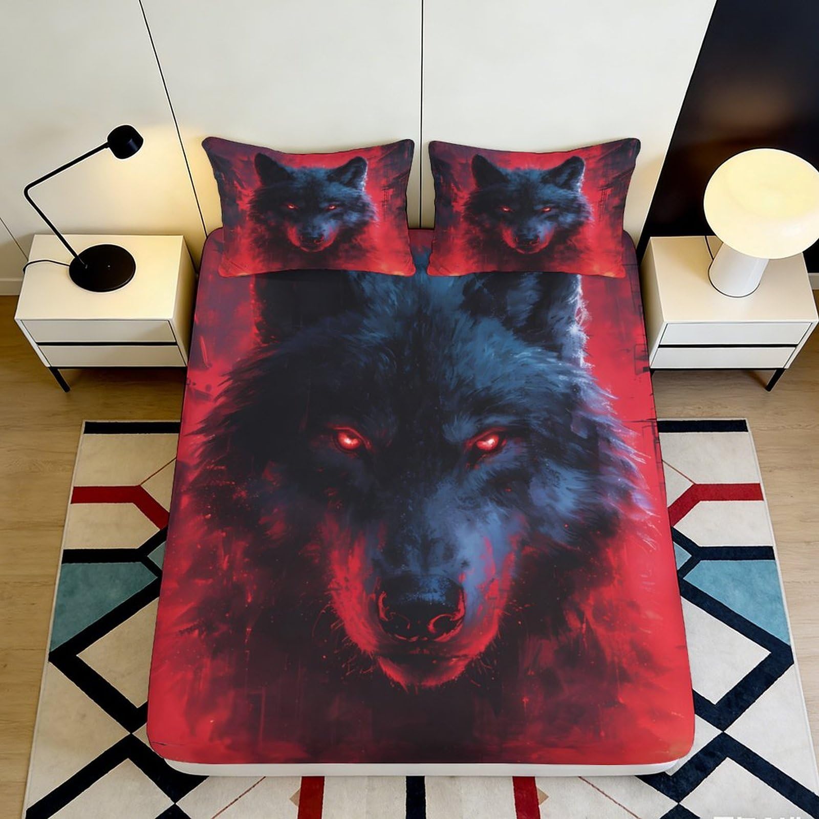 3D Printed Wolf Pattern Fitted Sheet Microfiber Deep Pocket Elastic Hem Wolf Mattress Fitted Cover Washable for Bedroom 200x200x25cm