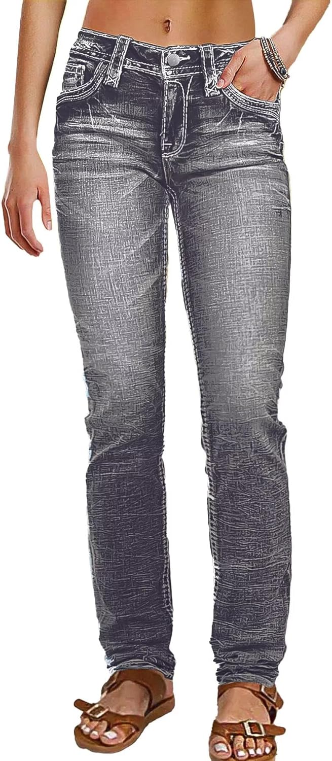 Flamingals Mid Rise Skinny Jeans for Women Trendy Wash Stretchy Butt Lifting Western Jeans with Pocket Back