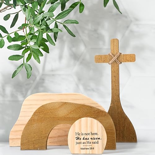 Wenqik Escena de Pascua Decoración de madera Religiosa Escena de Resurrección de Pascua Set He Has Risen The Empty Tomb Escena de Pascua y Estatua