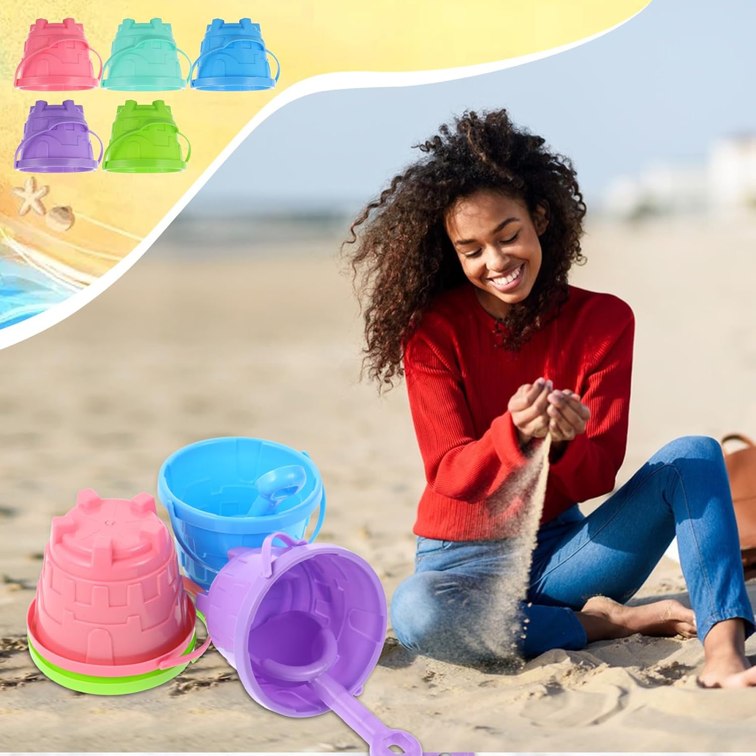 60 Pcs Sand Castle Beach Bucket and Beach Shovels Toy Set Sandcastle Mould 5.5 Inch Plastic Beach Pails Toys Gift Party Favor, 5 Assorted Colors