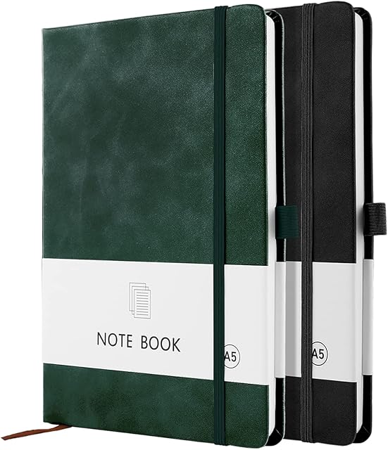 A5 Notebook, 2 Pack Notebook A5 200 Pages 100 GSM Journal Notebook Hardback Notepad with Bookmark, Pen Loop, and Elastic Closure (Black+Green)