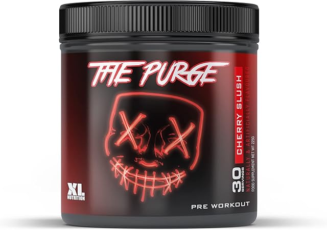 XL Nutrition The Purge - Pre Workout 225g - High Caffeine Content - Helps with Energy, Focus and Blood Flow - No Crash - Potent Formula - Quick Absorbing (Cherry Slush)