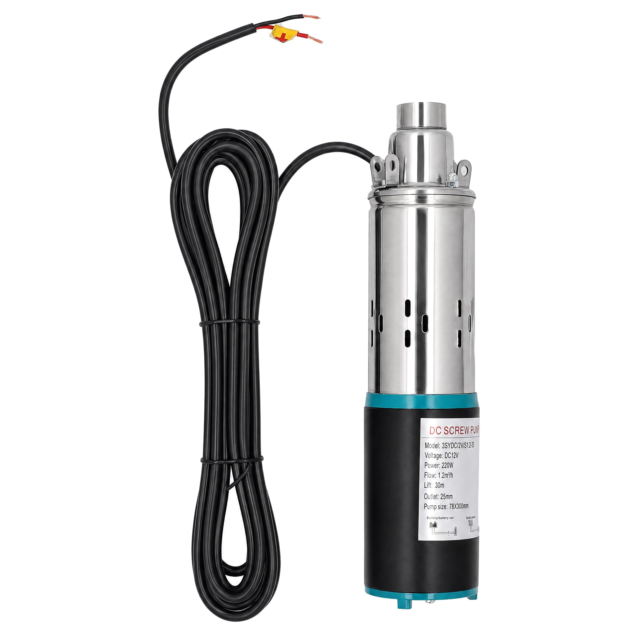12 V DC Tauchbrunnenpumpe, Edelstahl-Tiefbrunnenpumpe, Bewässerungspumpe mit 7 M Netzkabel und 1-Zoll-Hakengelenk, Ideal für Bauernhof, Ranch und Zuhause