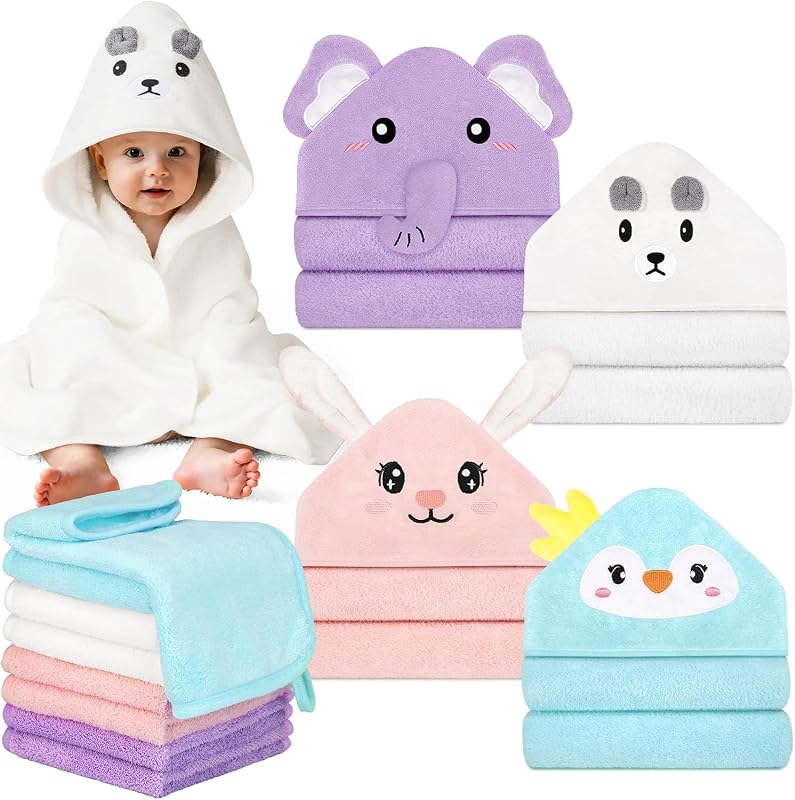 Juego de toallas de baño para bebés de 12 piezas para bebés y niños pequeños | Juego de 4 toallas para bebé y 8 toallitas, lindo animal con capucha, ultra absorbente y suave, regalos de ducha para recién nacidos para niños y niñas