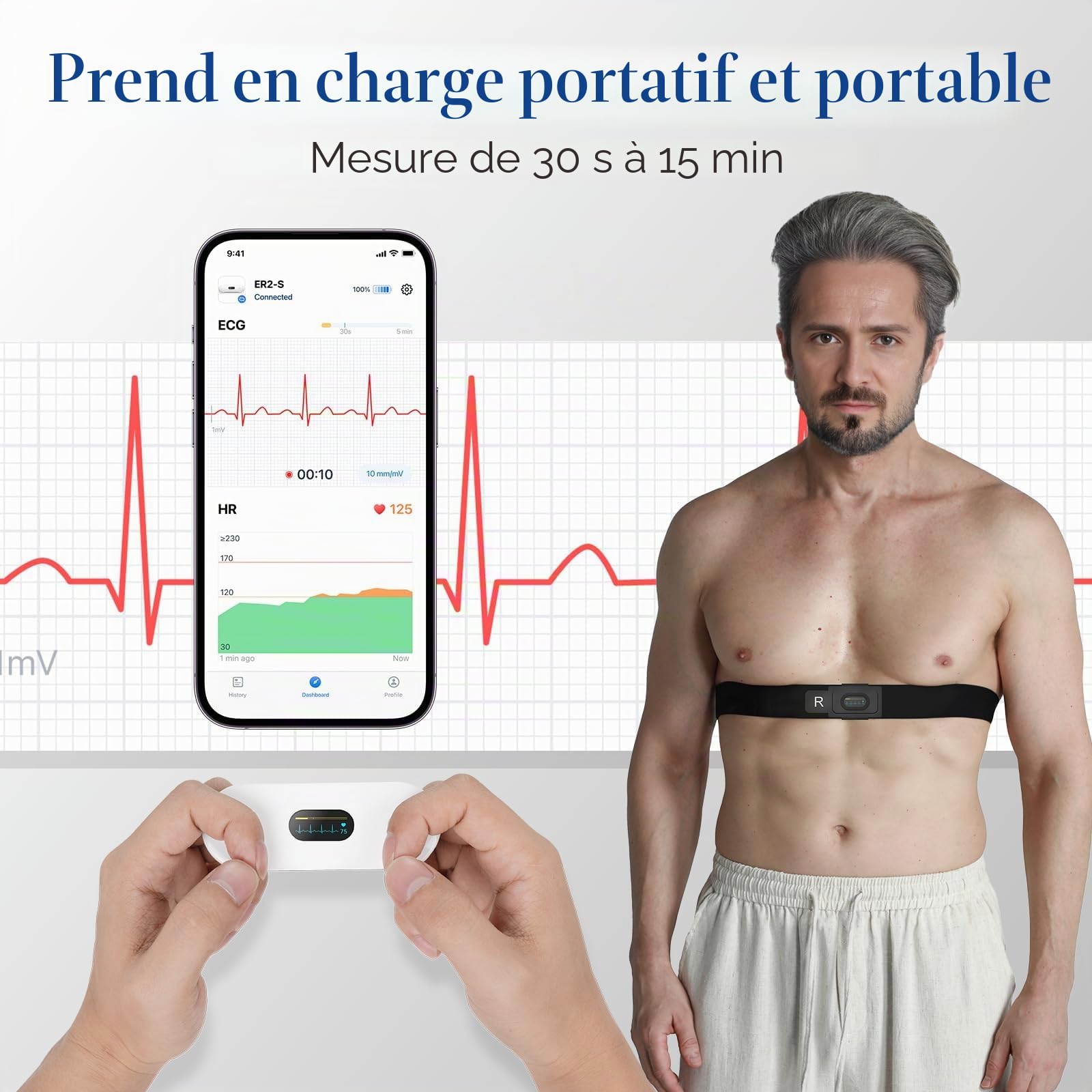 CheckMe ER2-S ECG pour la maison Appareil ECG portable avec ceinture thoracique précise (30 sec. à 15 min. d’enregistrement), visualisation en temps réel via l’application, espace de stockage illimité