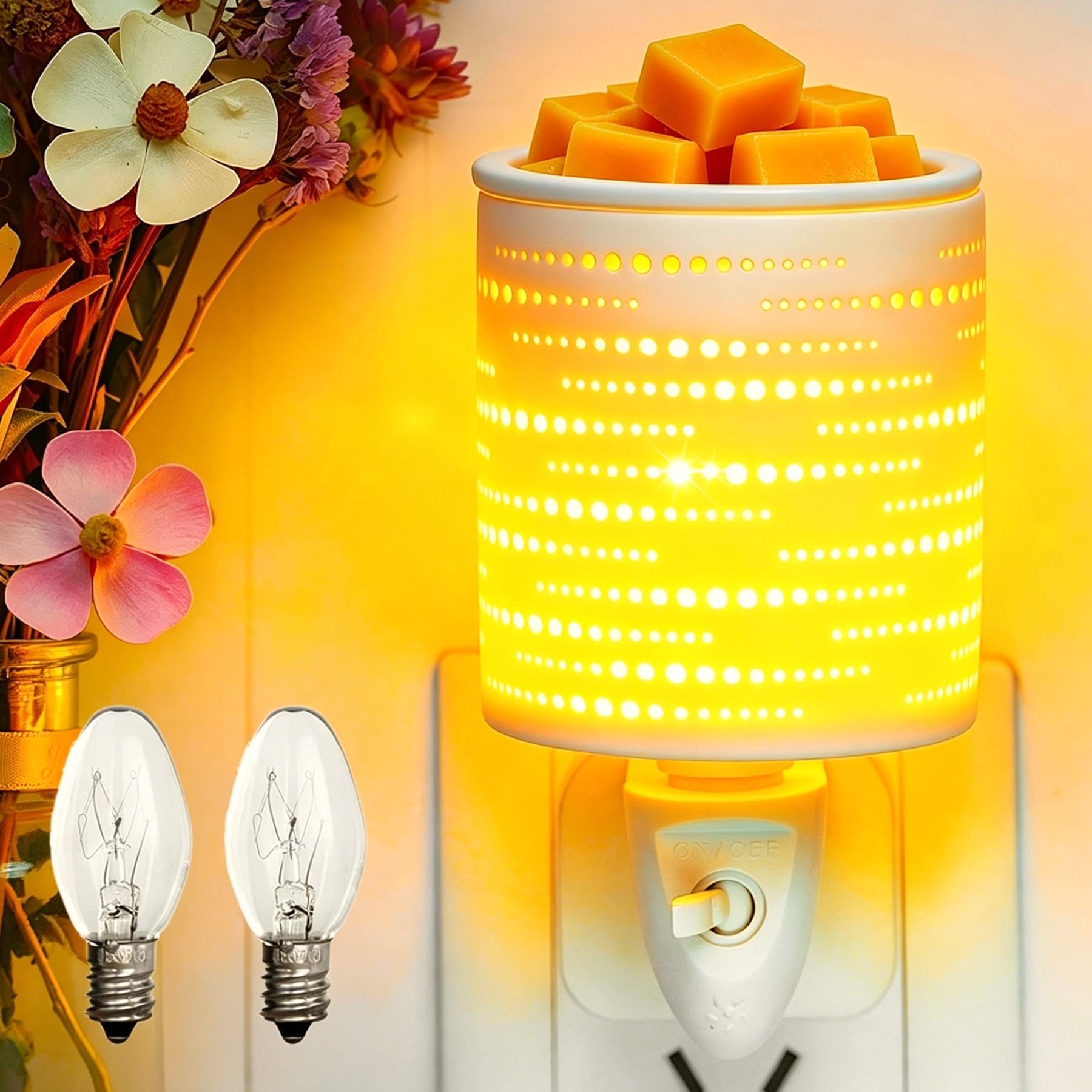 Plug in Wax Melt Warmer Electric- Ceramic Essential Oil Burner for Wax Melts & Oil,UK 3-Pin Wall Plug Aroma Candle Warmer for Home Office Bedroom, Gifts for Women Mum – Includes 2 Bulbs