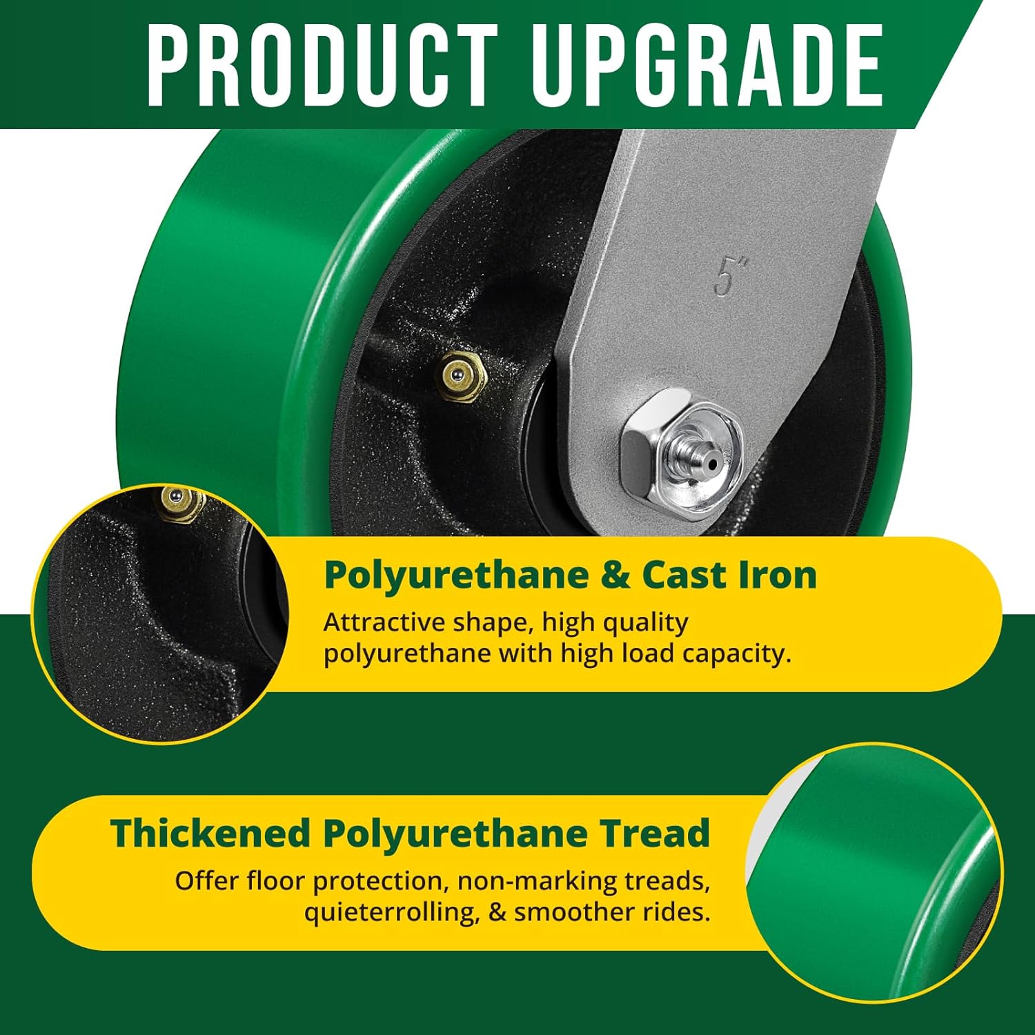 5 Inch Caster Wheels Heavy Duty, Polyurethane on Steel Wheel, Set of 4 Industrial Casters Load 4000lbs, Plate Caster for Carts, Pallet Trucks, Industrial Equipment(4 Pack Brake)