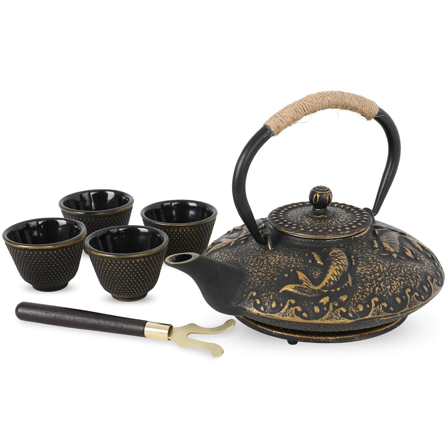 Mokshith Cast Iron Teapot Set, 26 oz/750 ml Japanese Style Teapot with Infuser and Warmer, Tea Pot | Tea Kettle Coated with Enameled Interior, Large Cast Iron Kettle, Iron cast Teapot Warmer (MO -03)