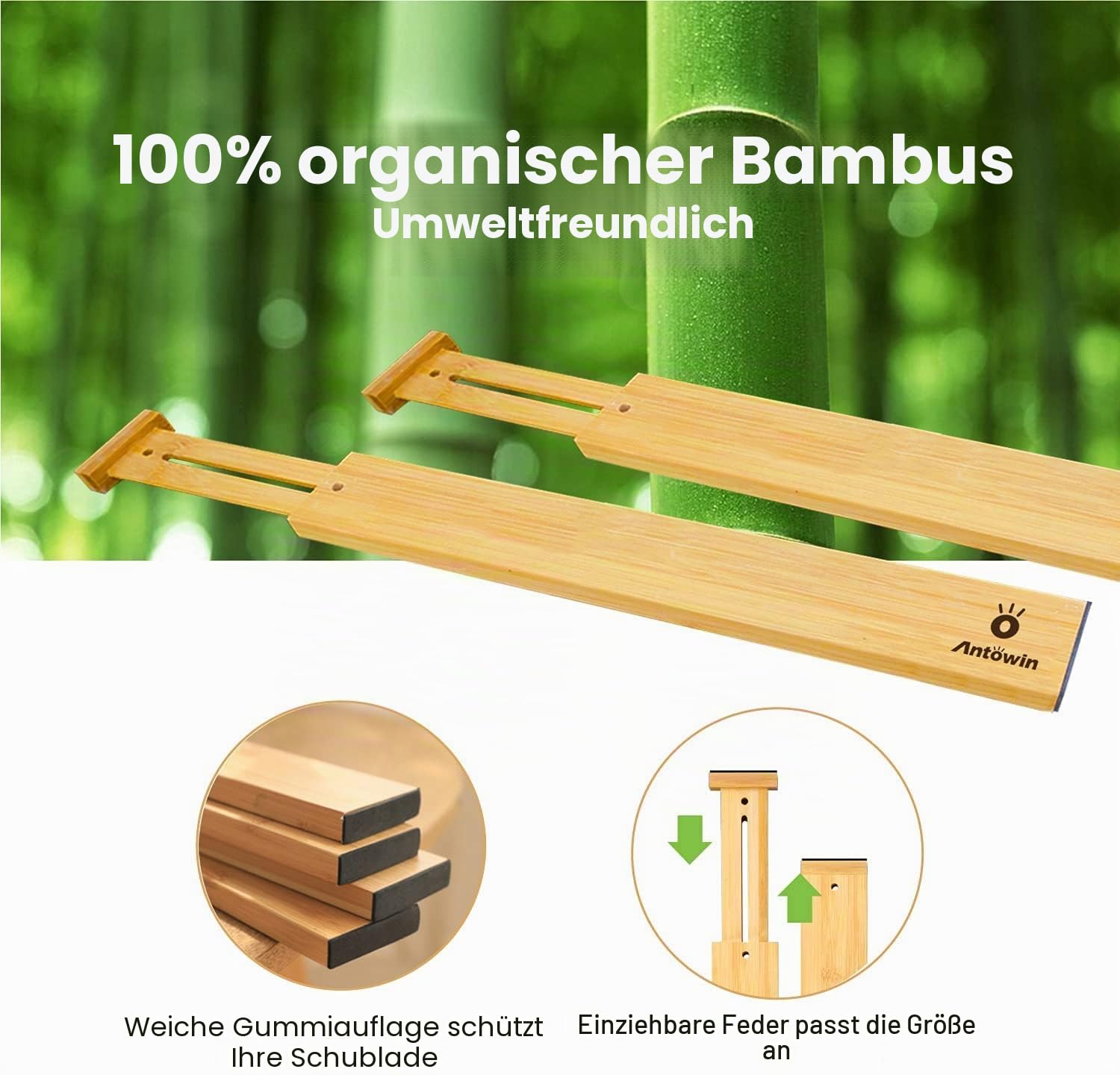 ANTOWIN Schubladentrenner Verstellbar Bambus (33-43 cm), Schubladen Organizer, Gefedert, Küche, Kommode, Badezimmer, Schlafzimmer, Babyschublade, Schreibtisch Ordnungssystem