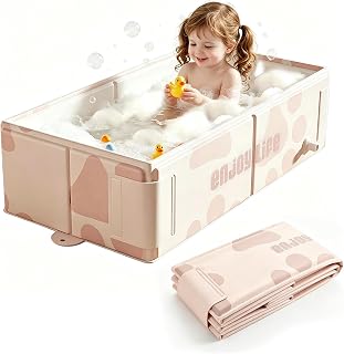 Foldable Baby Bathtub, Portable Travel Bathtub, All-in-One Design with Drain Plug, Large Toddler Bath for Ages 0-8, Pink