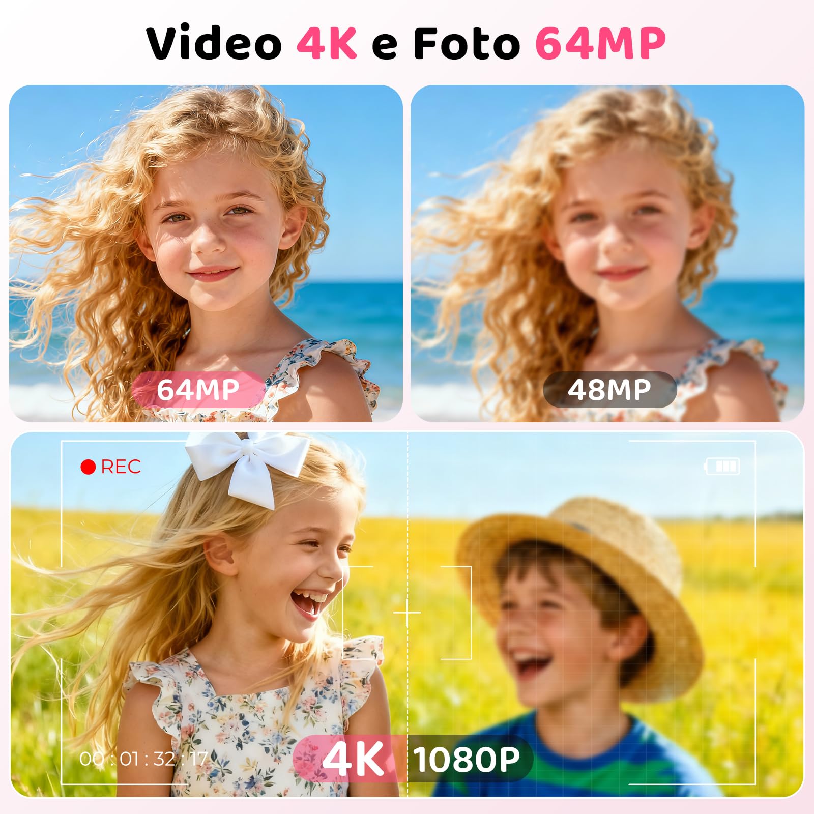 CHAKEYAKE Fotocamera Digitale, 4K 64MP Fotocamera con Zoom Digitale 18X, Schermo LCD Da 2,4", Autofocus, Scheda 32 GB, Filtri, Fotocamera Portatile per Bambini, Adolescenti, Vlogger Principianti, Rosa