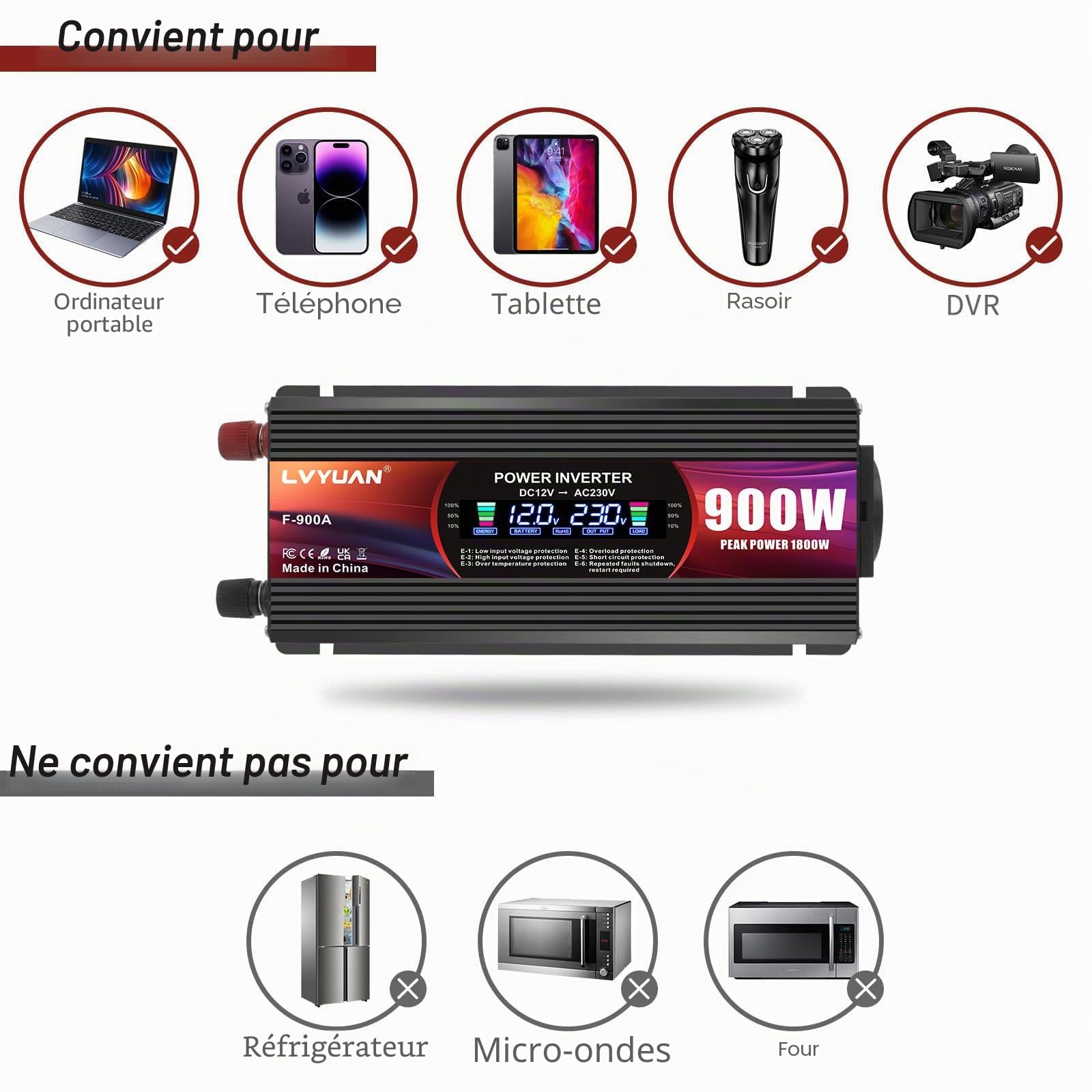 LVYUAN Convertisseur de Tension 12V 220V 900W Onduleur avec Prises UE, 2 USB, Clip Alligator, Allume-Cigare et écran LCD Inverter Peak 1800W