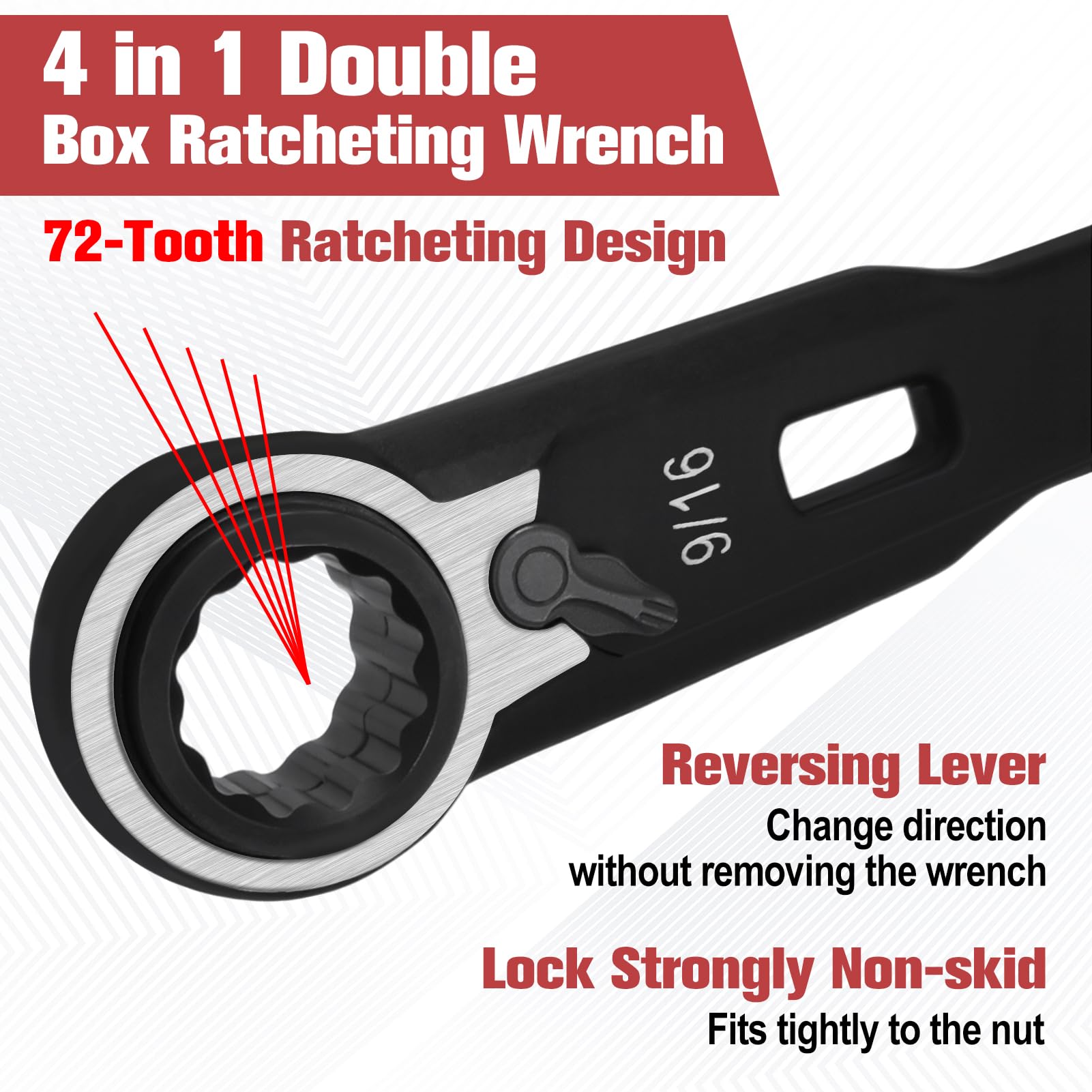 GOLD DEER 4-in-1 Reversible Ratcheting Box Wrench Set SAE 9/16" 5/8" 11/16" 3/4" Double Box End Wrench Set Ratchet Wrench Set,72-Tooth Ratcheting Gear,CR-V Steel - Image 2