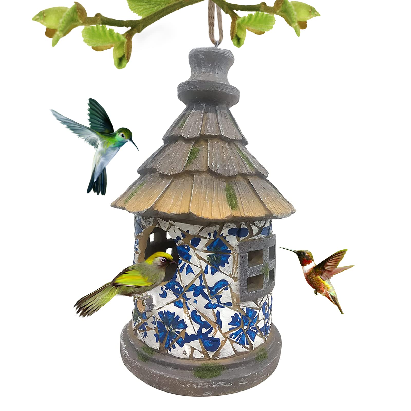 OUSHUAI Bird House for Outdoor with Pole Hanging Birdhouses for Bluebird Cardinals Garden Decor Wild Bird Watching Nest Resin Bule
