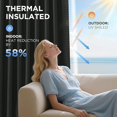 Miniatura 6 de Joydeco Cortinas opacas negras de 84 pulgadas de largo, cortinas opacas de lino 100% para dormitorio, bolsillo para barra y pestañas traseras,