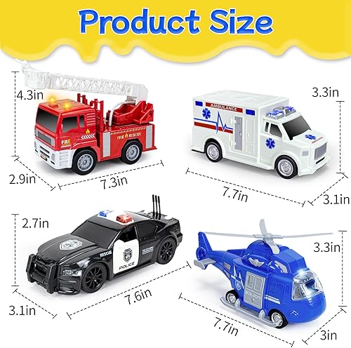 Miniatura 6 de Camión de bomberos, ambulancia, helicóptero y vehículos de policía, juego de juguetes de 4 unidades de vehículos de fricción con luces y sonidos,