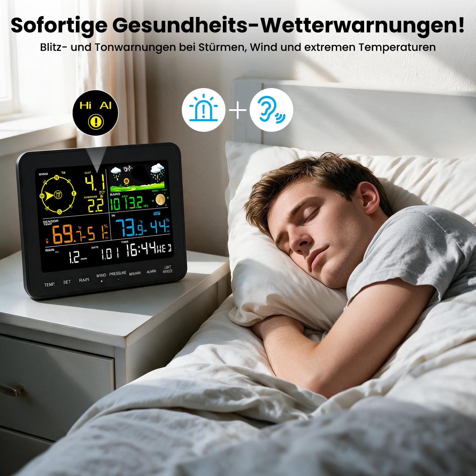 12-in-1 Wetterstation Funk mit Außensensor, Regen- & Windmesser Sainlogic