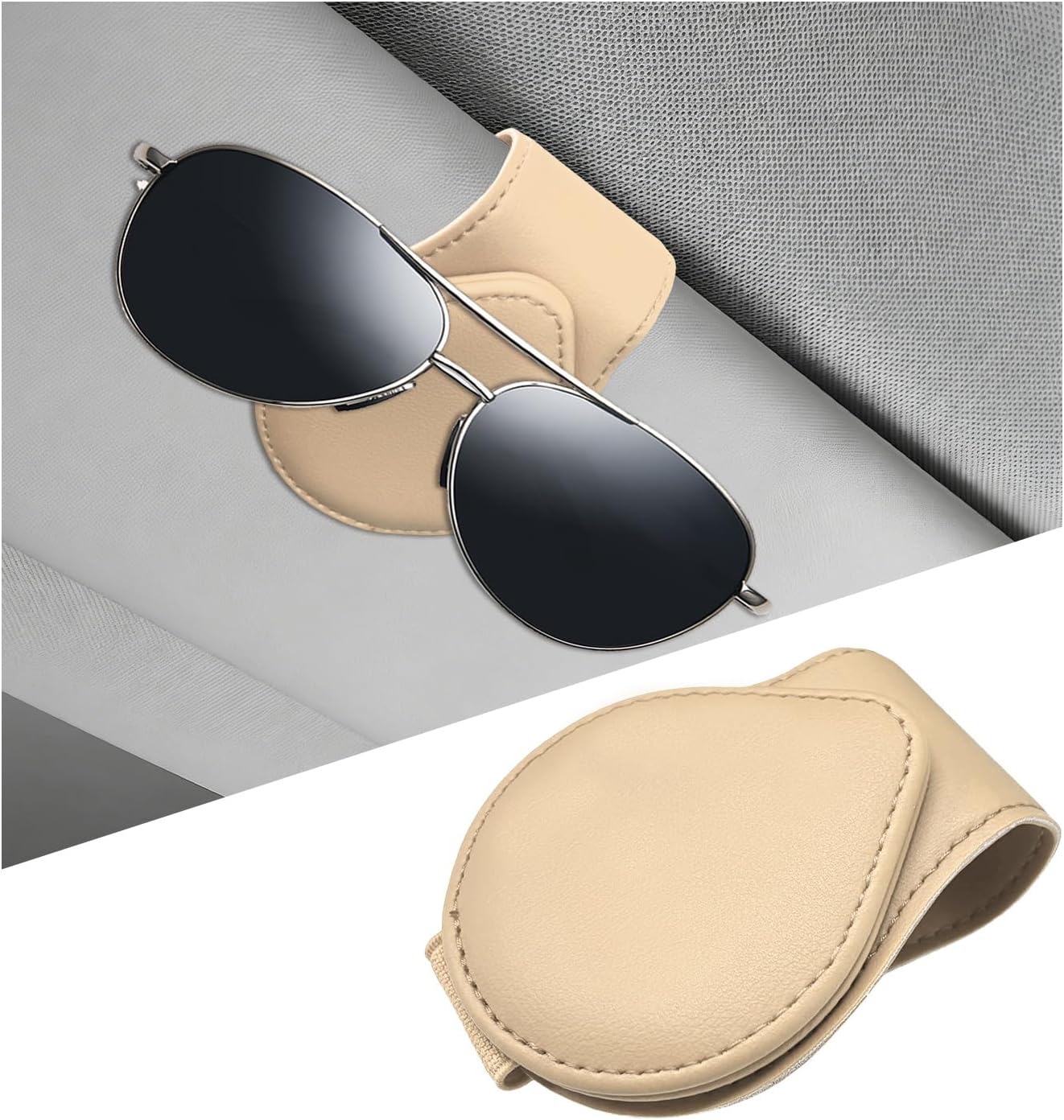 Magnetic Sunglass Holder for Car Visor, Leather Vehicle Sunglass Hanger Clamp Card Holder with Magnet, Universal Eyeglass Clamp Visor Ticket Organizer for Cars Trucks SUVs (Beige)
