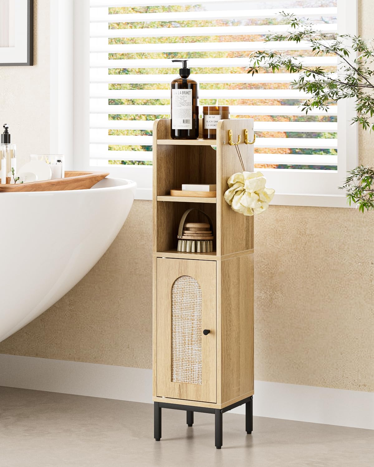 HEYZOEY Armario de baño estrecho de pie, armarios altos de baño con puerta, armario estrecho para baño, cocina, salón, dormitorio, balcón u oficina, ratán negro