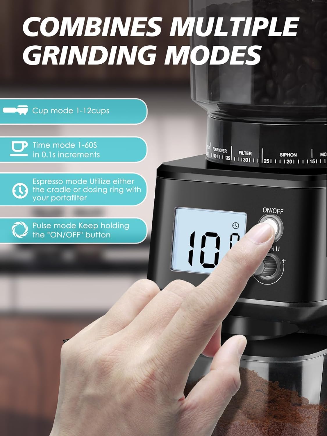 Homtone coffee grinder showing grind settings dial with options from French Press to Espresso
