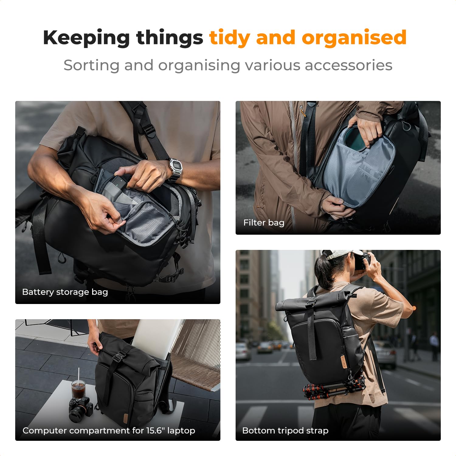 K&F CONCEPT Mochila para Cámara, Mochila Fotográfica Impermeable con Compartimento para Laptop de 15.6 Pulgadas, Tapa Enrollable y Bolsillo Delantero Expandible con Acceso Lateral para Fotógrafos
