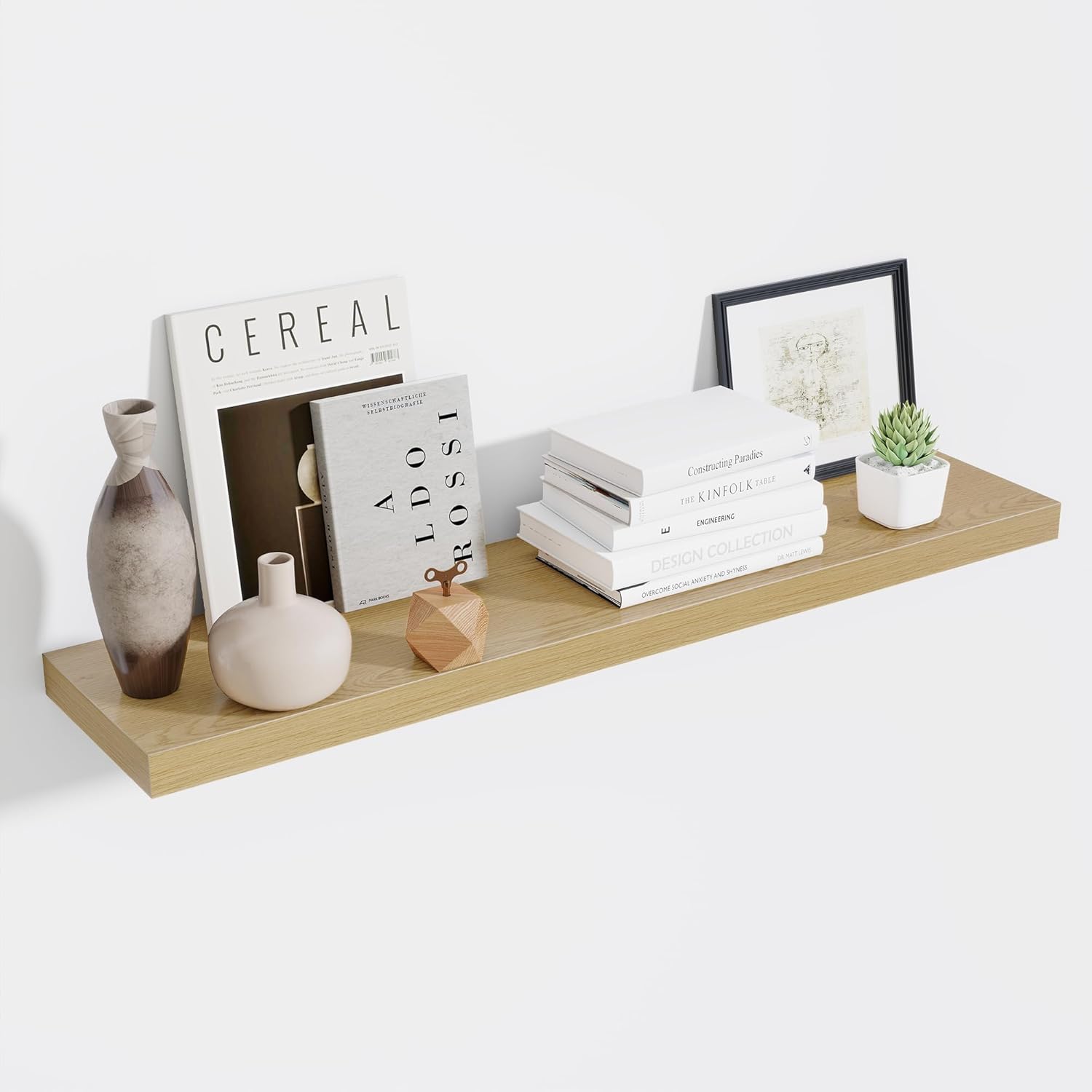 Fun Memories 10 Inch Deep Wall Shelves, Floating Shelves for Wall 48 Inches Long, Wood Floating Shelves Wall Mounted, Large Storage Shelves for Living Room Bedroom, Oak, Set of 1