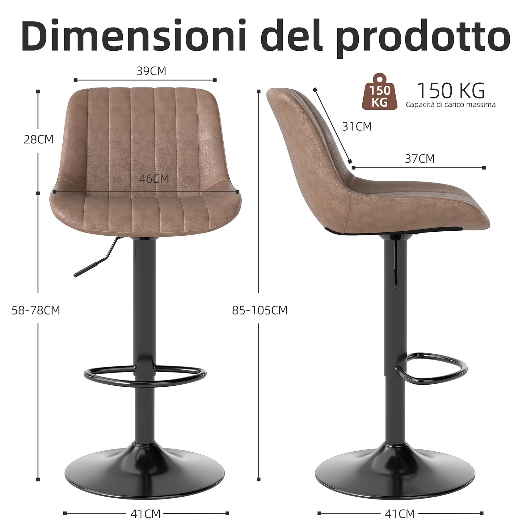 Youhauchair Sgabelli Cucina Set di 4, Sgabello Cucina Regolabile in Altezza con Schienale, Sgabelli Bar in Pelle PU, Sgabello Alto Moderni Design, Marrone