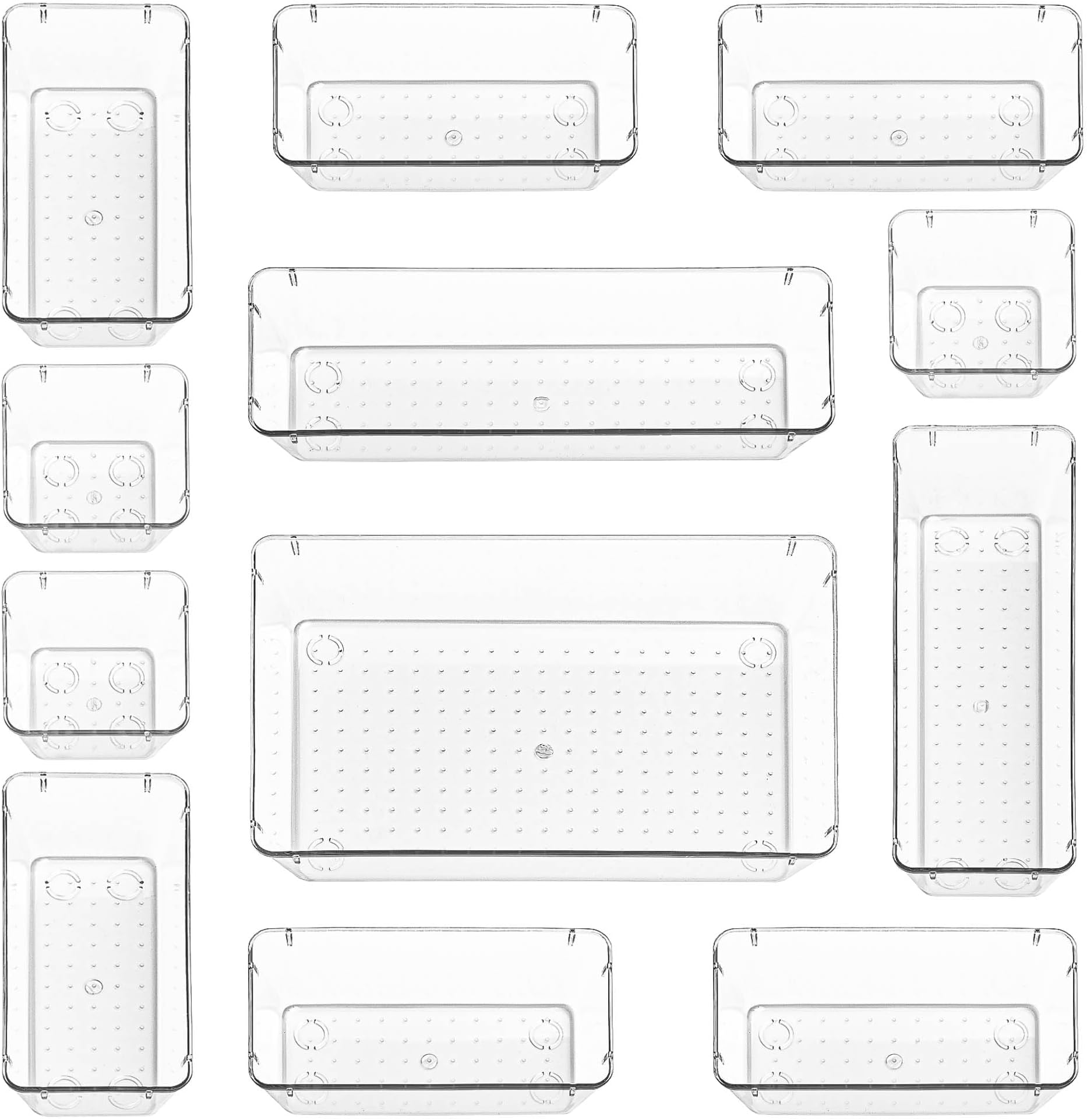 Stackzy Drawer Organiser Set – Makeup Organiser Tray for Drawers – Clear Cosmetics Container Tray for Bedroom – Utensil Cutlery Set Divider – Kitchen Storage & Organisation – 12pack