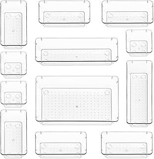 Stackzy Drawer Organiser Set – Makeup Organiser Tray for Drawers – Clear Cosmetics Container Tray for Bedroom – Utensil Cutlery Set Divider – Kitchen Storage & Organisation – 12pack