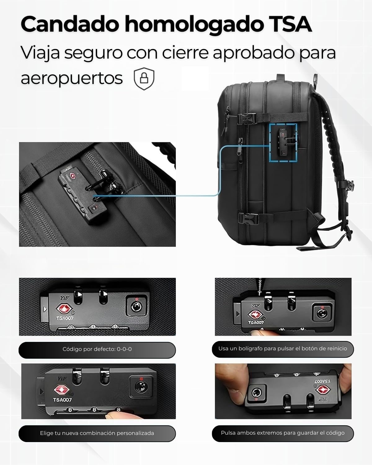 Mochila Viaje Cabina Avion 40x20x25 50L Compresión Al Vacío con Bomba, Mochila Al Vacío con USB, Impermeable, Maleta Cabina, Ryanair