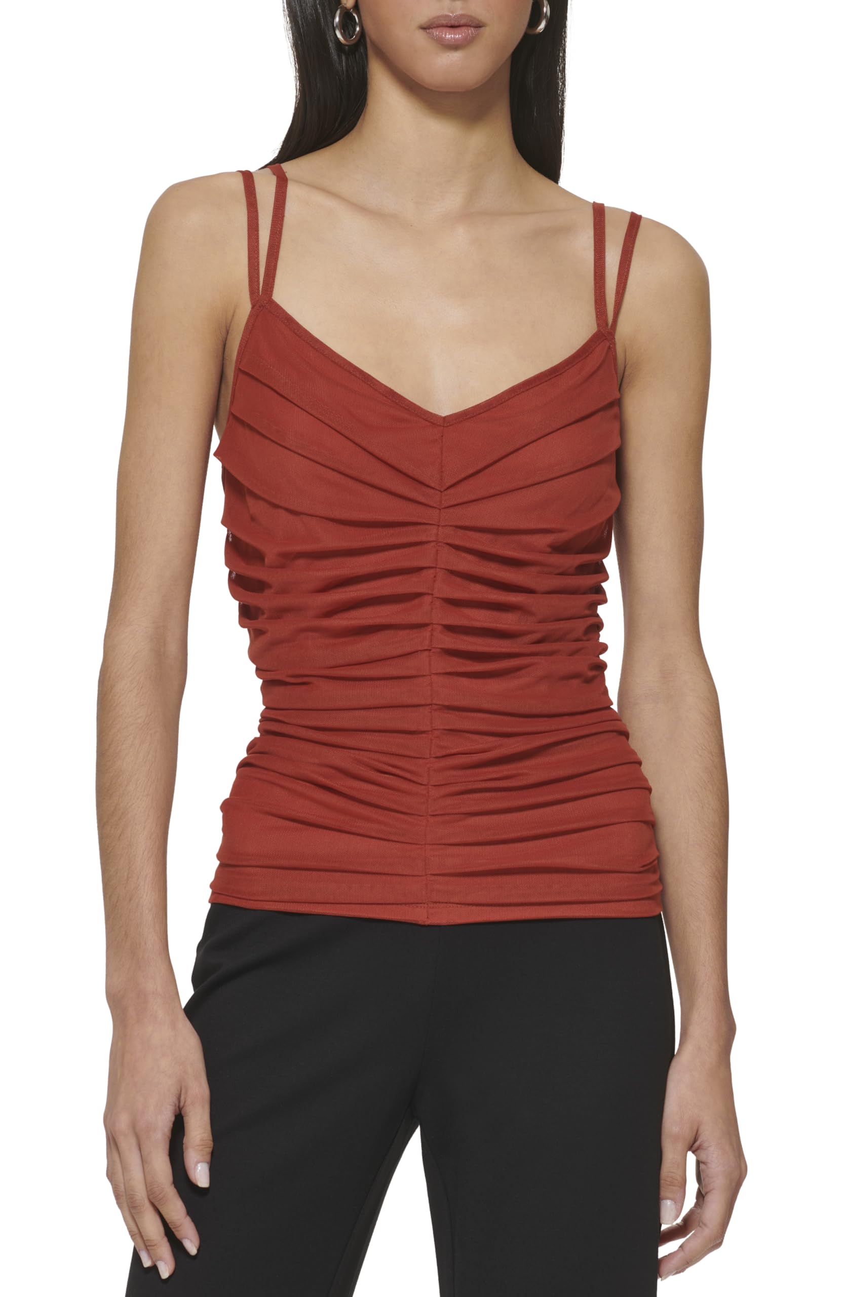DKNY Ruching Mesh Double Strap Top Parte Superior de Malla Fruncida con Doble Tirante Mujer