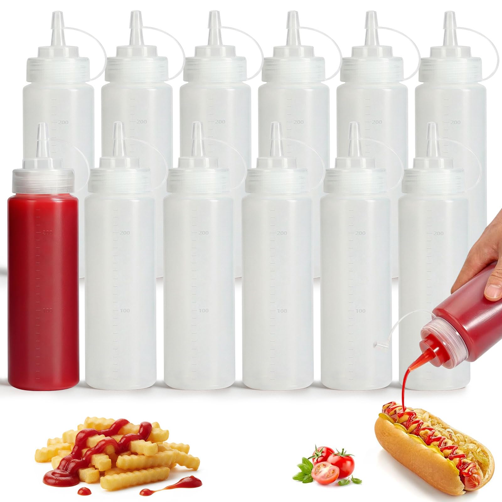 OAMCEG Pack of 12 plastic squeeze bottles with screw lids and discreet measurements for ketchup, barbecue, sauces, syrup, condiments, dressings, paint etc.