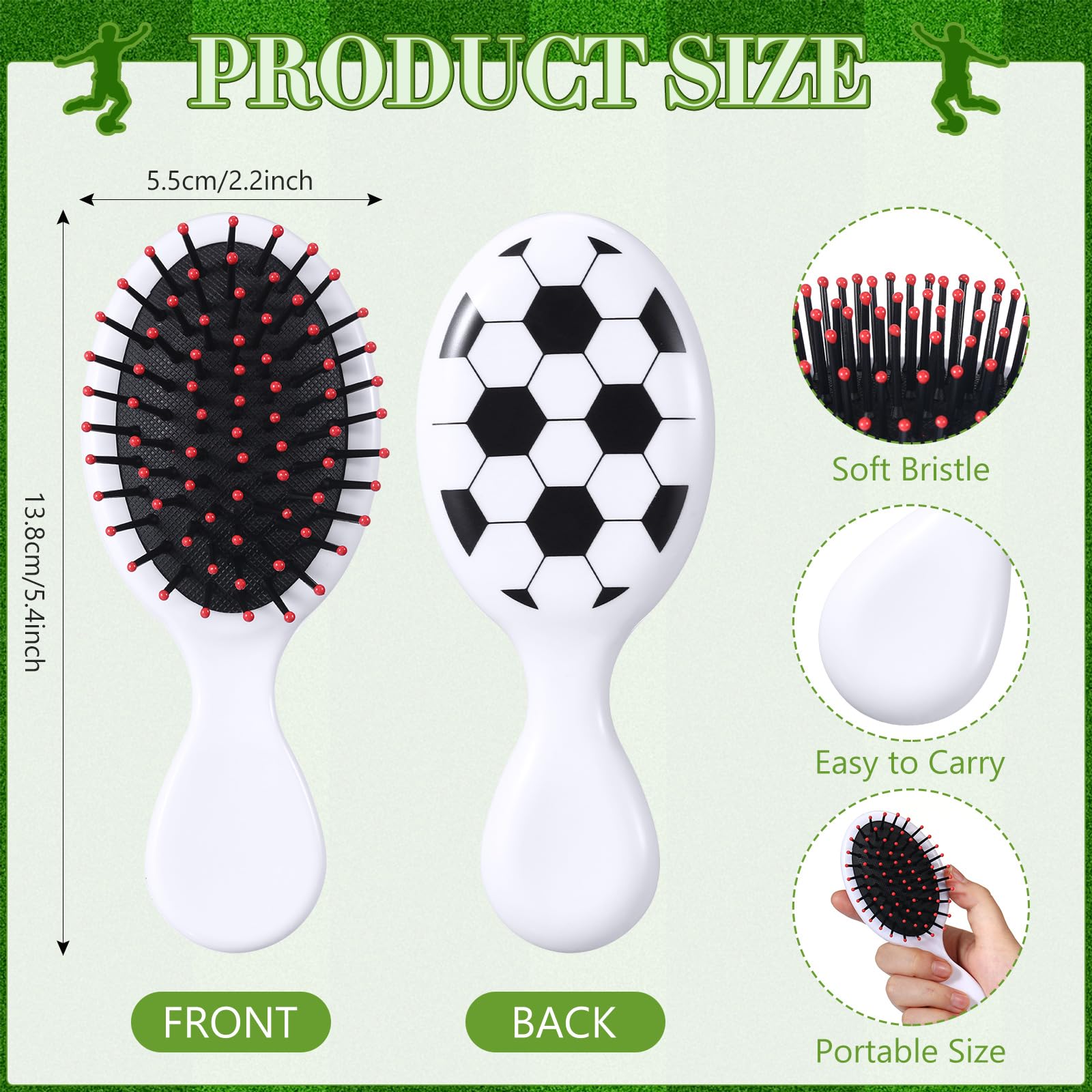 SiliFine 12 mini cepillos de pelo de viaje para deportes de fútbol, mini cepillo desenredante de fútbol, cepillo de pelo pequeño, cerdas de fútbol, cepillo desenredante de plástico para regalo de