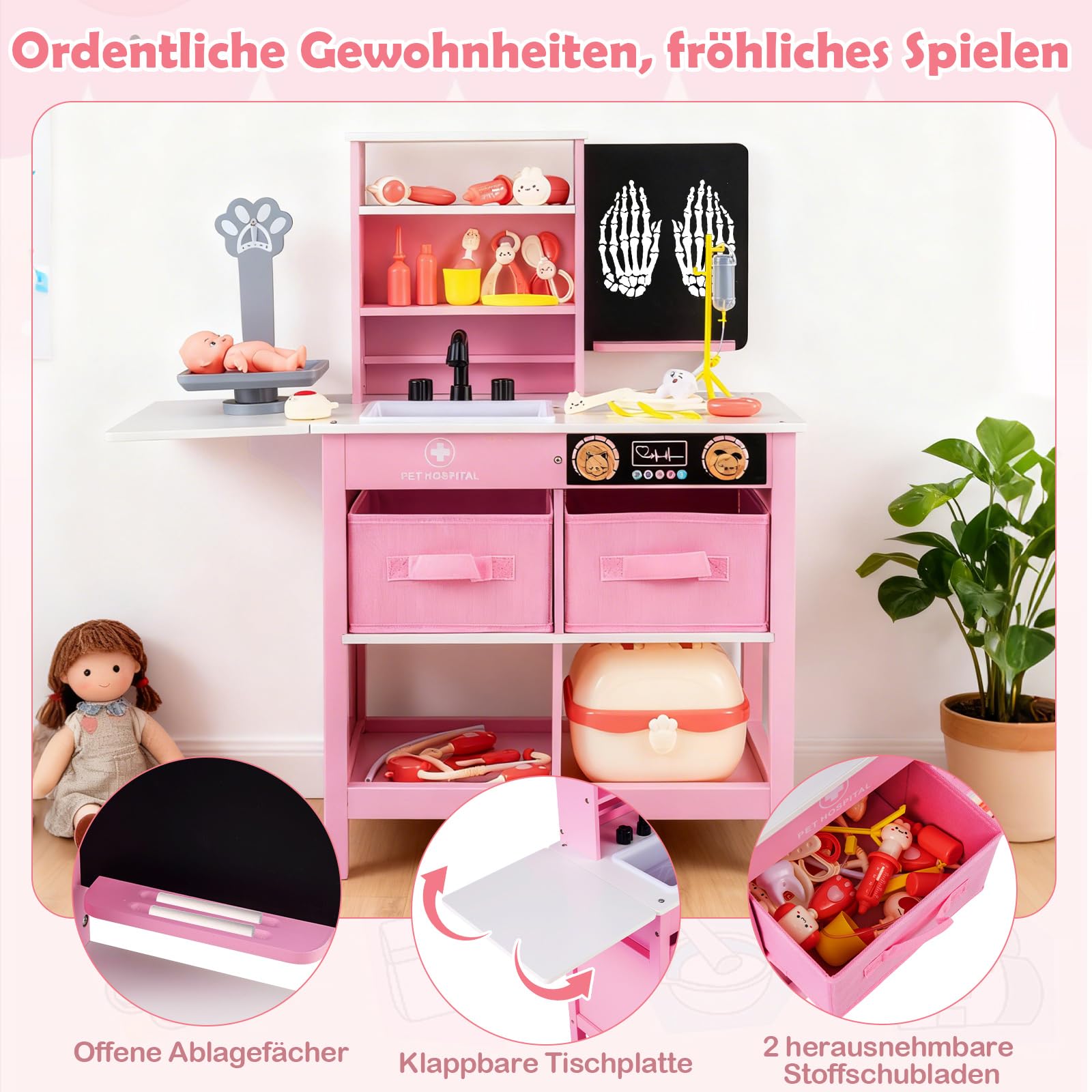 COSTWAY Krankenhaus Spielzeug Kinder, Arztkoffer mit Tafel & klappbarer Tischplatte, medizinisches Spielset inkl. Stethoskop, Tierwaage usw. , Tierarzt Doktor-Spiezeug für Kinder ab 3 Jahren (Rosa)