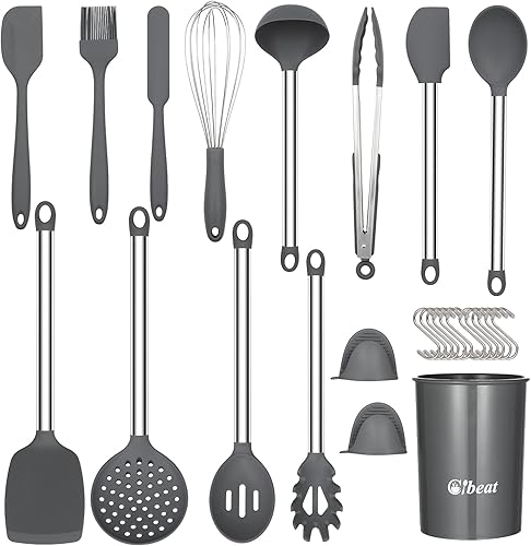 Juego de utensilios de cocina, juego de utensilios de cocina de silicona de 27 piezas, resistentes al calor, antiadherentes, asas de acero