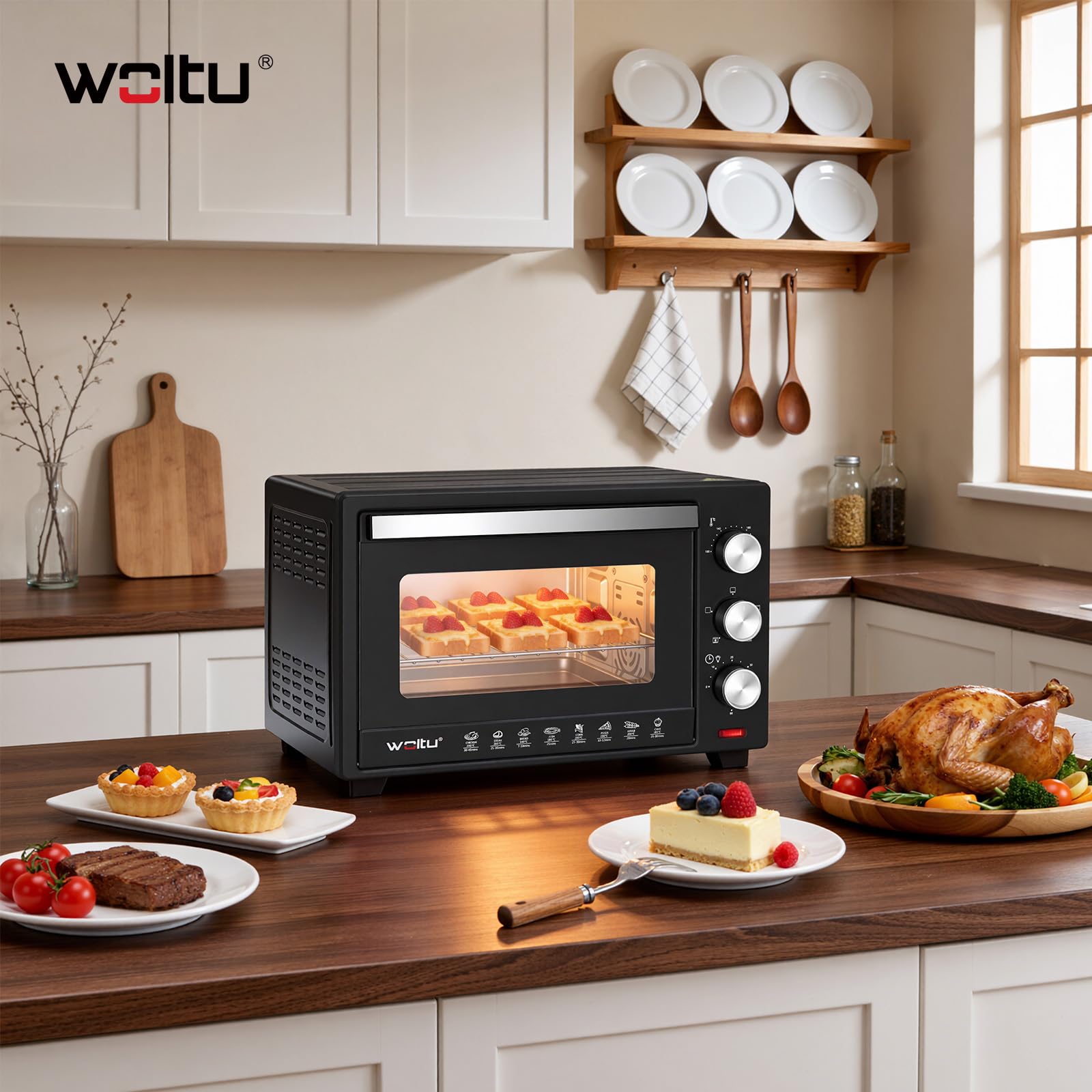 WOLTU Mini Backofen mit Umluft 28 L, Pizzaofen 1600 W, 100-230 °C, Timer 0-60 Min., 3 Heizmodi, inkl. Backblech Grillrost Krümelblech Rostheber, Mini Ofen für Backen Braten Auftauen Erhitzen, Schwarz