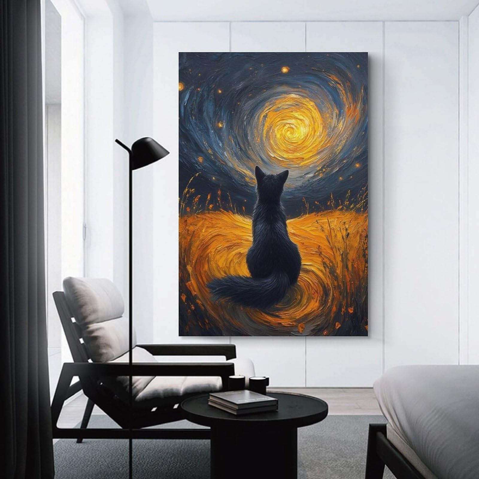 Junmoney Black Cat Gazing at Swirling Sky Canvas Wall Decor, 20x30inch(50x75cm), for Gallery Wall Decor And Room Displays, Wall Decor Suited to Curated Displays