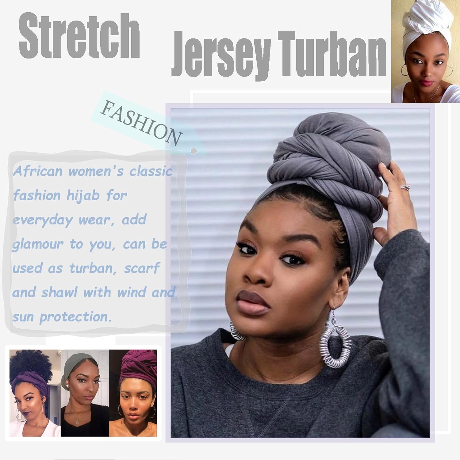 ZRQ 1 Pieces Dark Grey Stretch Hijab Extra Long Solid Color African Shawl Hair Scarfs Jersey Turban Fashion Head Scarf Soft Head Wraps for Black Women - Image 4