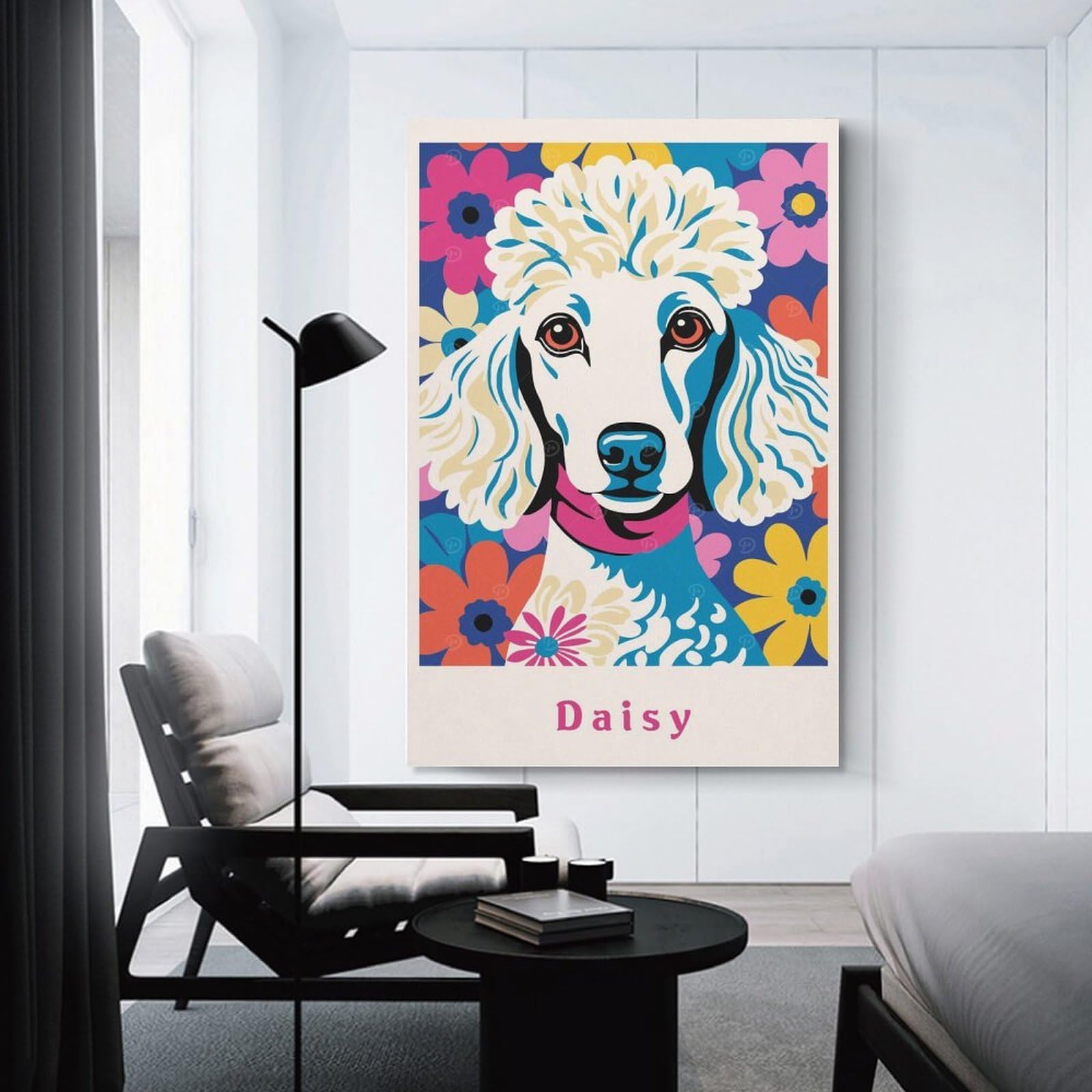 Junmoney Daisy Poodle Dog Canvas Wall Art, 24x36inch(60x90cm), for Entrance Walls, Hall Decor Or Foyers, Wall Decor to Refresh Empty Corners