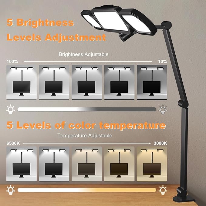 NUERPO LED Desk Lamp with Clamp,Adjustable Swing Arm Desks Lamps for Home Office,Dimmable Tempering Eye Care Desk Light Bright Modern Led Table Lamp for Nail Tech Archite (3 Section Swing Arm) photo 3