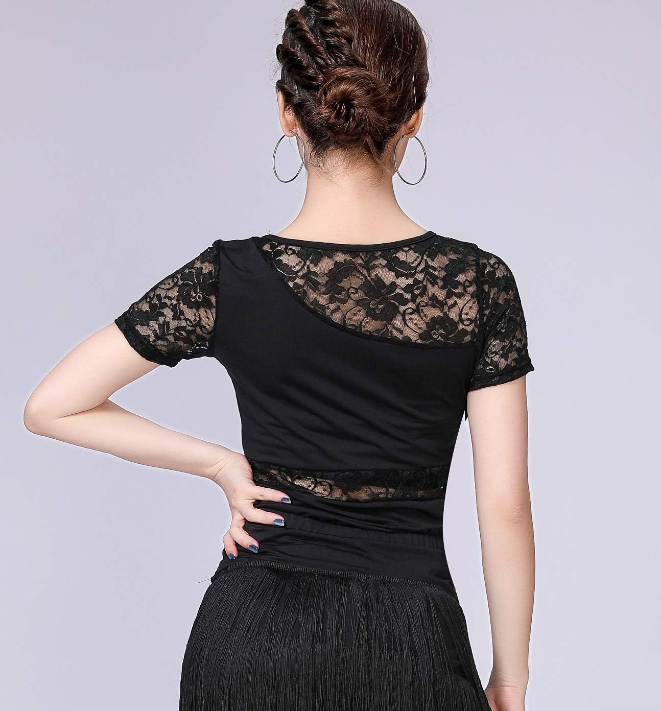 Whitewed Womens Short Sleeve Lace Ballroom Latin Practice Shirts Costumes Tops
