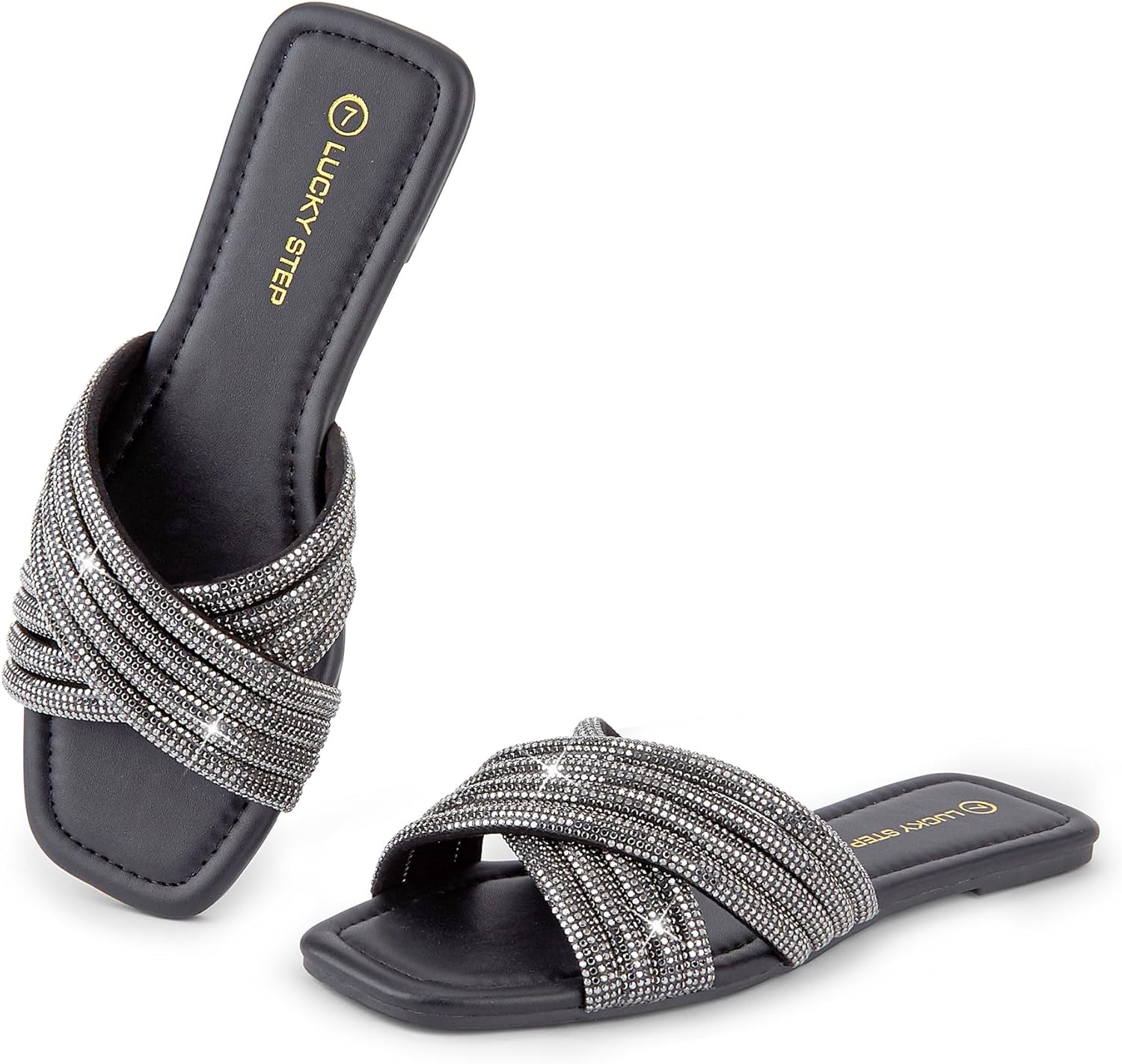 LUCKY STEP Women's Rhinestone Flat Sandals Open Toe Summer Glitter Bling Sparkle Dressy Slip on Outdoor Crossed Strap Slide